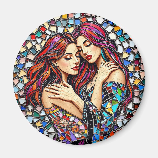 Två kvinnor i Kärlek | Faux Mosaic Tile Stil Magnet (Framsidan)