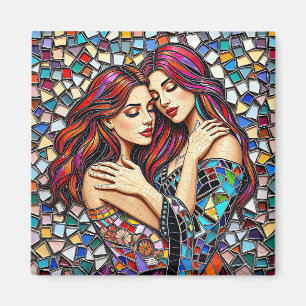 Två kvinnor i Kärlek Faux Mosaic Tile Stil Magnet