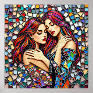 Två kvinnor i Kärlek Faux Mosaic Tile Stil Poster
