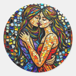 Två kvinnor i Mosaic Tile Stil Ai Art Runt Klistermärke