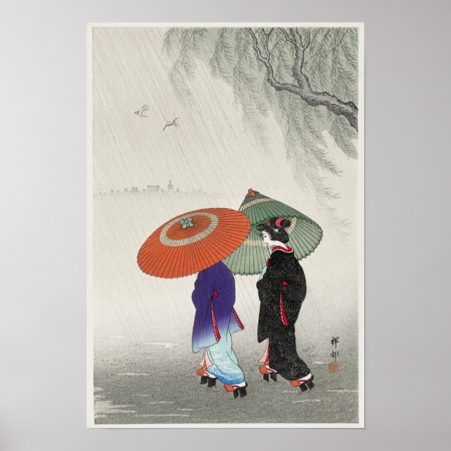 Två kvinnor i Rain av Ohara Koson (1925-1936) Poster (Framsidan)