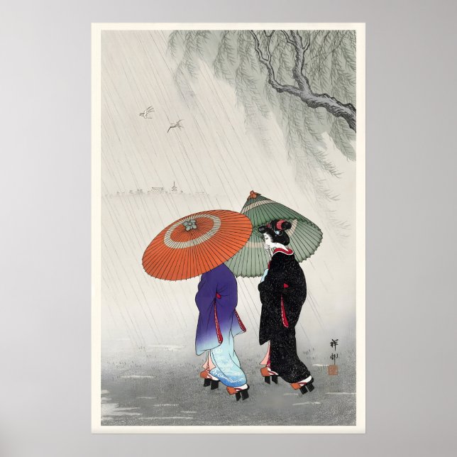 Två kvinnor i regnet Japanskt fint konsttryck Poster (Framsidan)