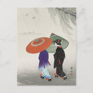 Två kvinnor i regnmålning av Ohara Koson Vykort
