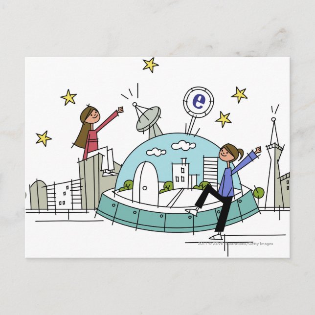 Två kvinnor sitta på stadens topp vykort (Framsida)