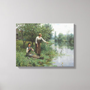 Två kvinnor som fiskade av Daniel Ridgway Knight Canvastryck