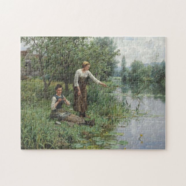 Två kvinnor som fiskade av Daniel Ridgway Knight Pussel (Horisontell)