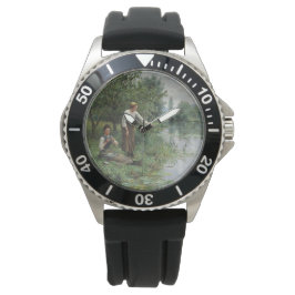 Två kvinnor som fiskar på Grass vid floden Armbandsur