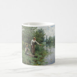 Två kvinnor som fiskar på Grass vid floden Kaffemugg