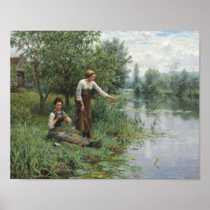 Två kvinnor som fiskar på Grass vid floden Poster