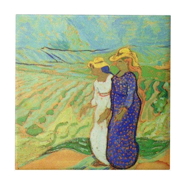 Två kvinnor som passerar Fält av Vincent van Gogh Kakelplatta (Framsidan)
