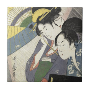 Två kvinnor under en paraplyKitagawa Utamaro kons Kakelplatta