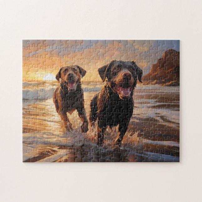 Två Labradors på stranden Pussel (Horisontell)