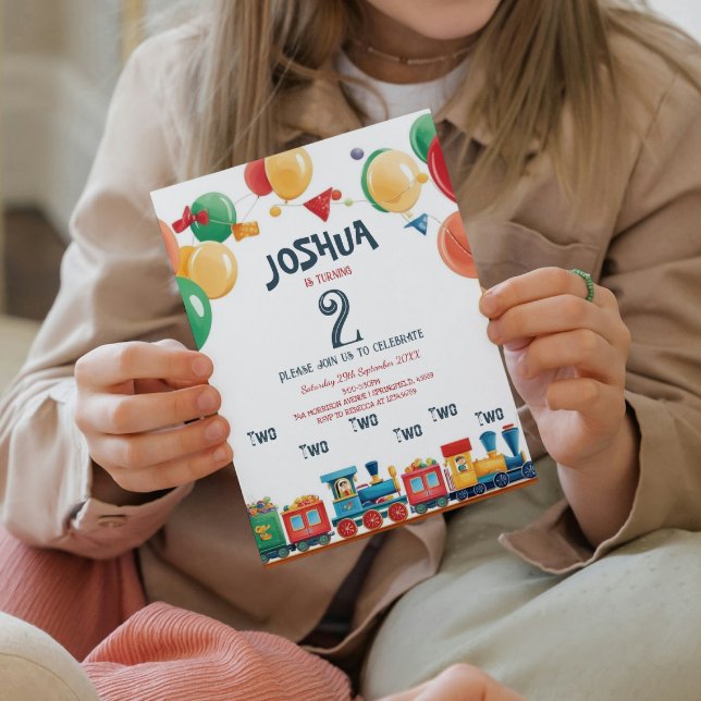 Två Leksak Tåg andra Barns födelsedag Party Inbjudningar (Skapare uppladdad)