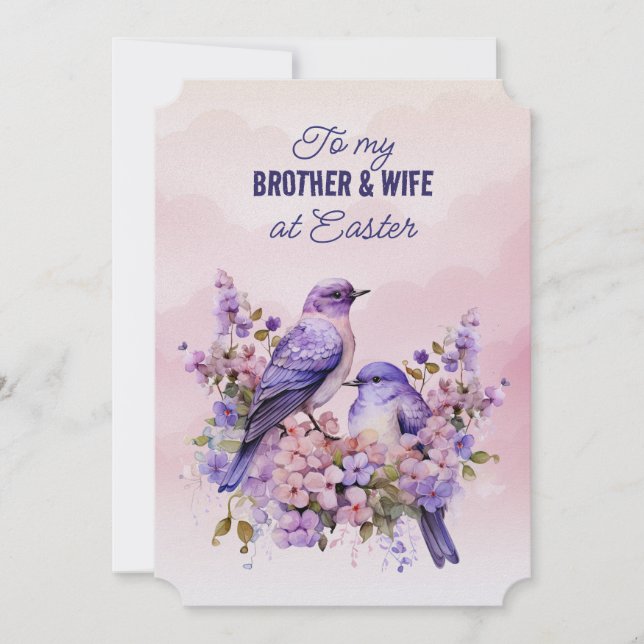 Två Lila Birds Vår blommor Brother WifeEaster Julkort (Framsida)