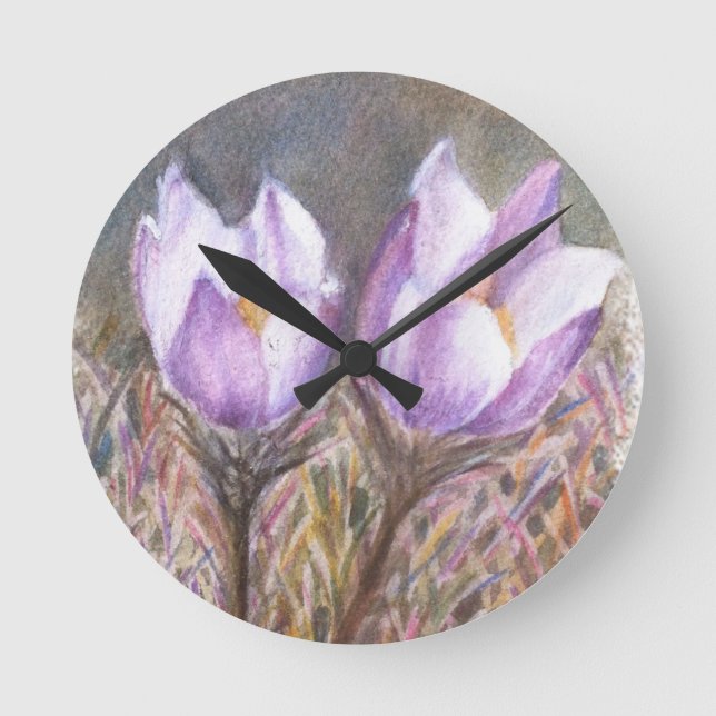 TVÅ LILA CROCUSES WALL CLOCK RUND KLOCKA (Framsida)
