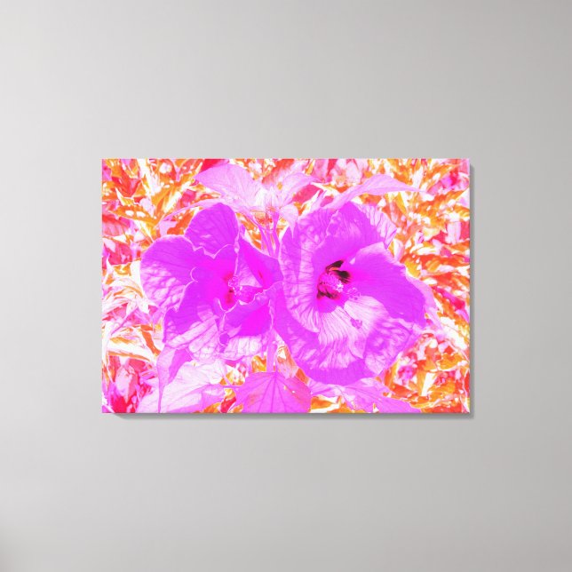 Två Lila och Shock rosa Plum Crazy Hibiscus på Red Canvastryck (Framsida)