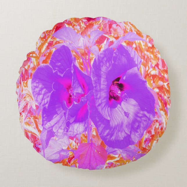 Två Lila och Shock rosa Plum Crazy Hibiscus Rund Kudde (Framsidan)