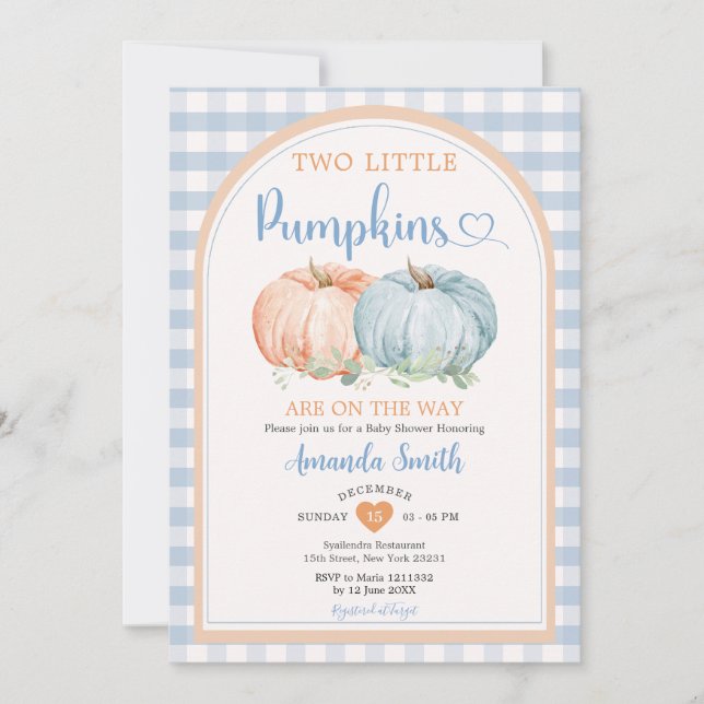 Två lille Pumpkin Blue Gingham Orange Baby Shower Inbjudningar (Framsida)