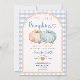 Två lille Pumpkin Blue Gingham Orange Baby Shower Inbjudningar