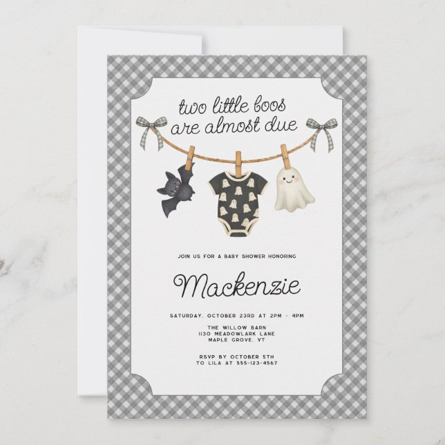 Två Little Boos Grått Gingham Halloween Baby Showe Inbjudningar (Framsida)