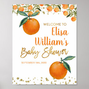 Två Little Cuties Orange babydusch Välkomstskylt Poster