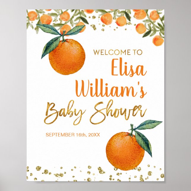 Två Little Cuties Orange babydusch Välkomstskylt Poster (Framsidan)
