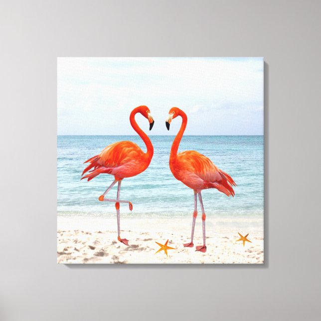 Två livfulla rosa flamingos på strandduken canvastryck (Framsida)