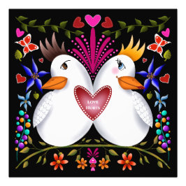 Två love birds hjärtan blommor Valentines day färg Fototryck