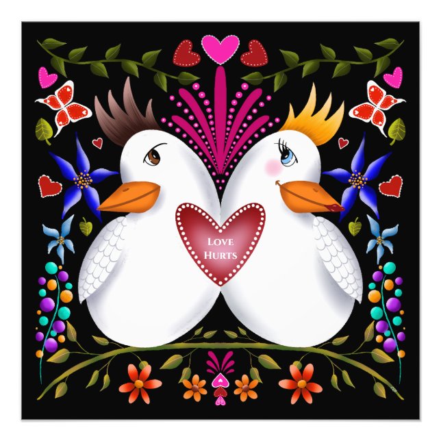 Två love birds hjärtan blommor Valentines day färg Fototryck (Framsidan)