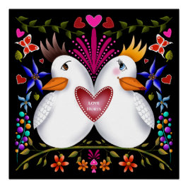 Två love birds hjärtan blommor Valentines day färg Perfect Poster