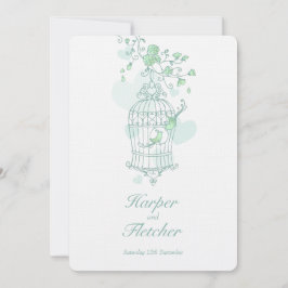 Två love birds öppen fågelfångst bröllop grönt inbjudningar
