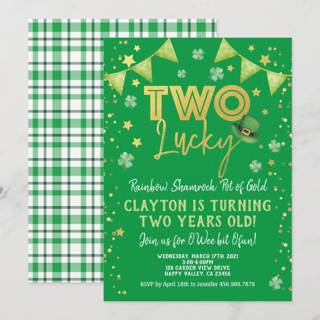 Två Lucky 2:a födelsedagen St patrick's day Party Inbjudningar (Fram/baksida)