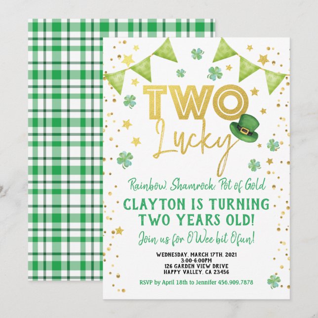Två Lucky 2:a födelsedagen St patrick's day Party Inbjudningar (Fram/baksida)