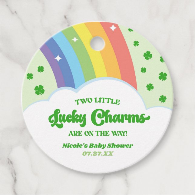 Två Lucky Charms Rainbow Twillingars Baby Shower Gåvor Etiketter (Framsida)