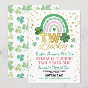 Två Lucky Girl 2:a födelsedagen, St patrick's day Inbjudningar