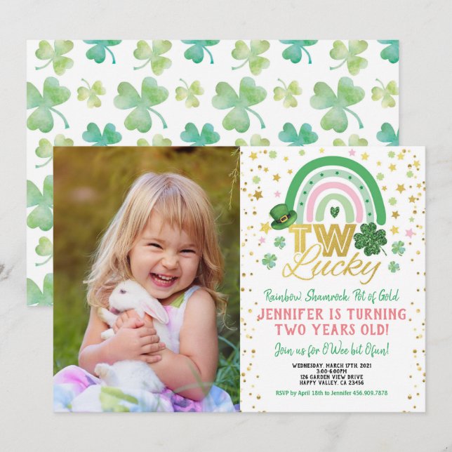 Två Lucky Girl Första födelsedagen St Patrick's Fo Inbjudningar (Fram/baksida)