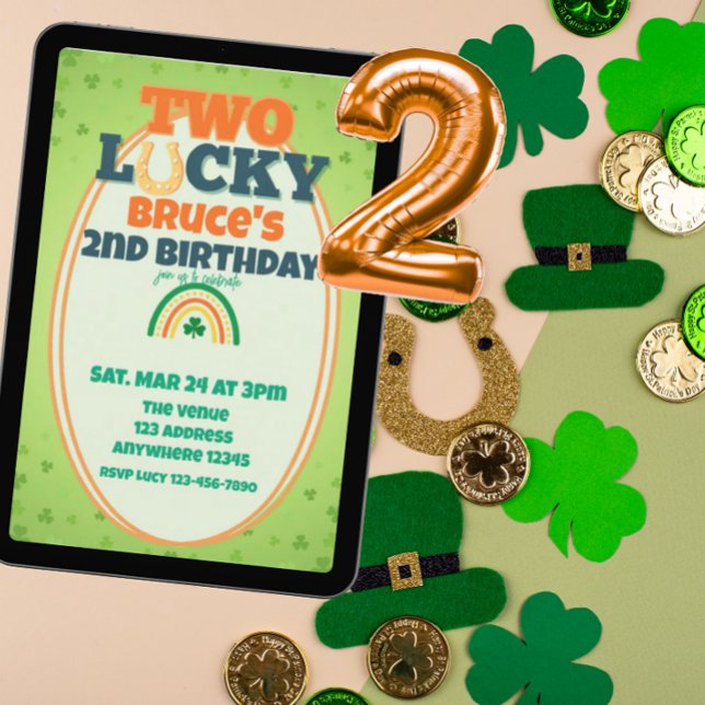 Två Lucky Orange Shamrock Rainbow 2-års födelsedag Inbjudningar (Skapare uppladdad)