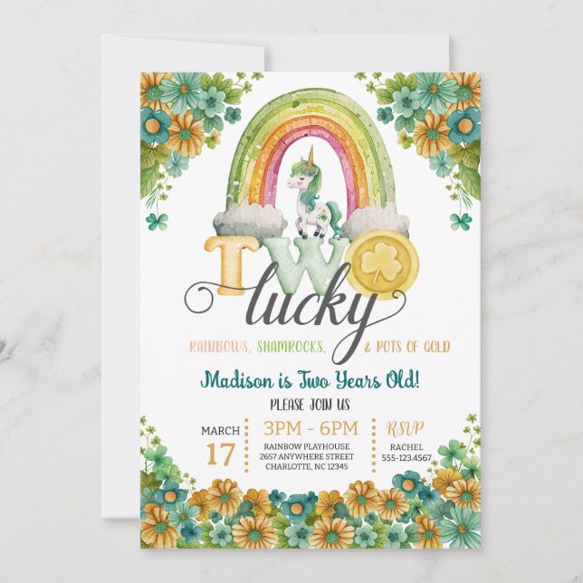 Två Lucky Rainbow Unicorn Solros 2:a födelsedagen Inbjudningar (Framsida)