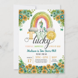 Två Lucky Rainbow Unicorn Solros 2:a födelsedagen Inbjudningar