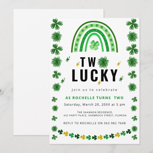 Två Lucky Shamrock Födelsedagsfest inbjudan (Fram/baksida)