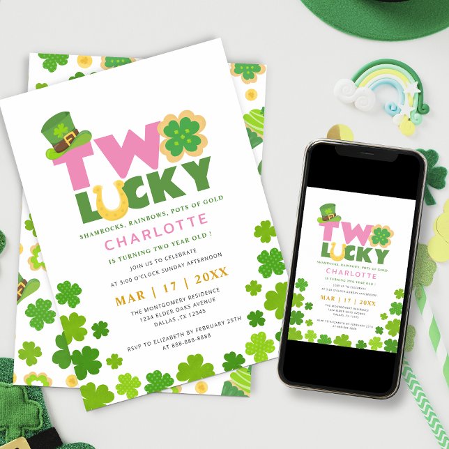 Två Lucky Shamrocks 2:a födelsedagen St. Patrick's Inbjudningar (Skapare uppladdad)