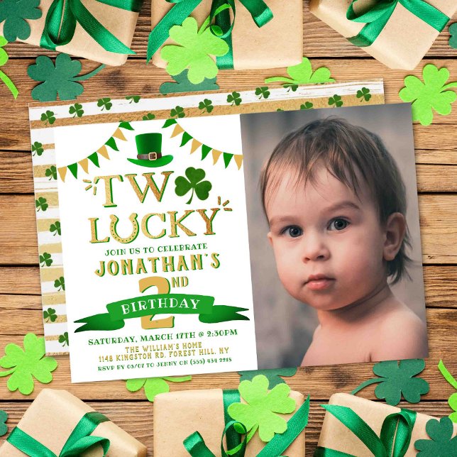 Två Lucky St. Patrick's Day 2nd Birthday Photo Inbjudningar (Skapare uppladdad)