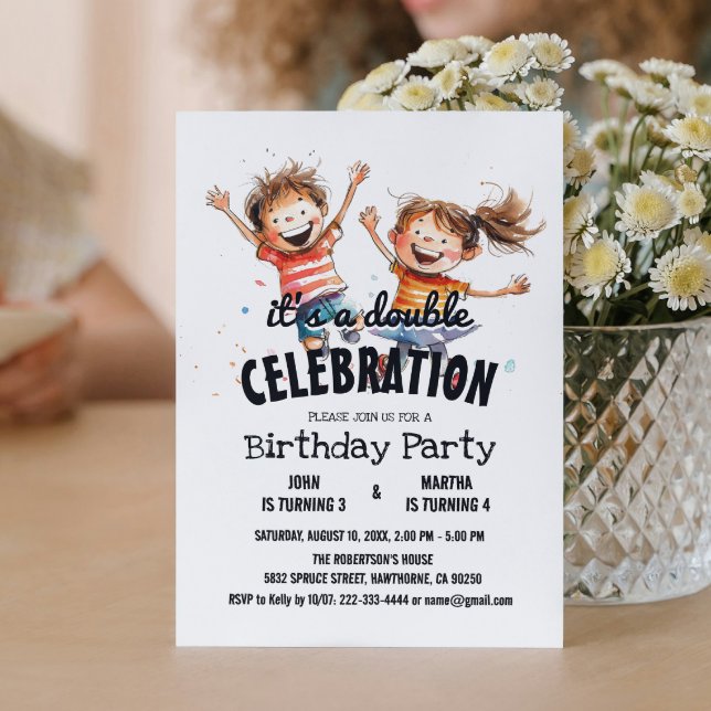 Två Lycklig Kids Dubbla Födelsedagsfest Inbjudningar (Skapare uppladdad)