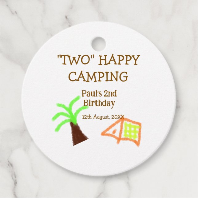 Två lycklig-lägerbarn, andra födelsedag, träd-läge gåvor etiketter (Framsida)