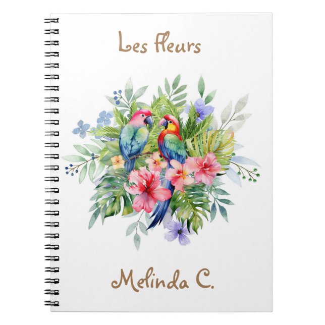 Två Lycklig-Macaws med Tropical Flowers bärbara da Anteckningsbok (Framsidan)