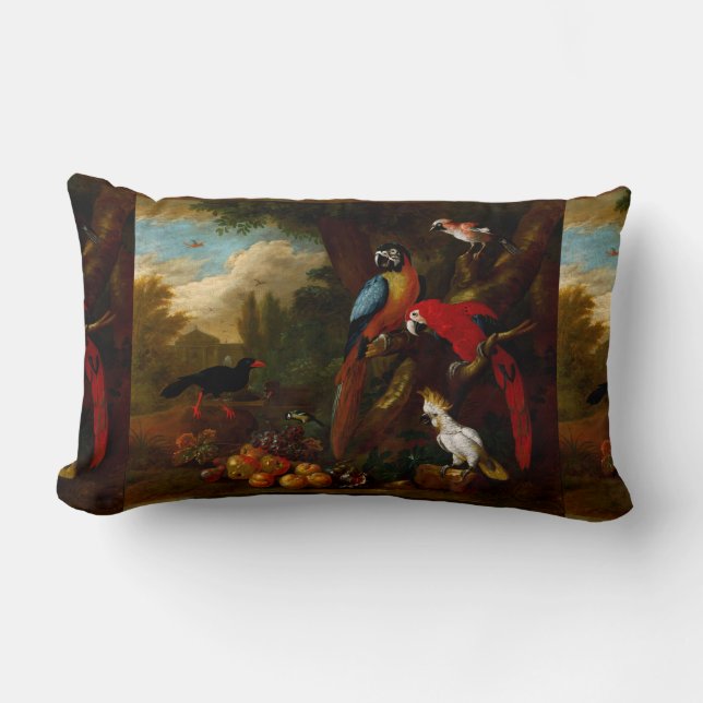 Två Macaws en Cockatoo och en Jay med Fruit Lumbarkudde (Framsida)