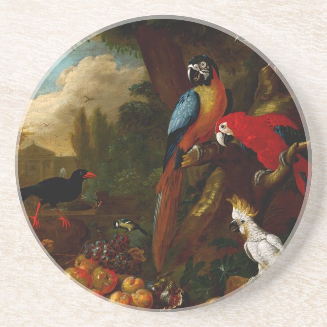 Två Macaws en Cockatoo och en Jay med Fruit Underlägg (Framsidan)