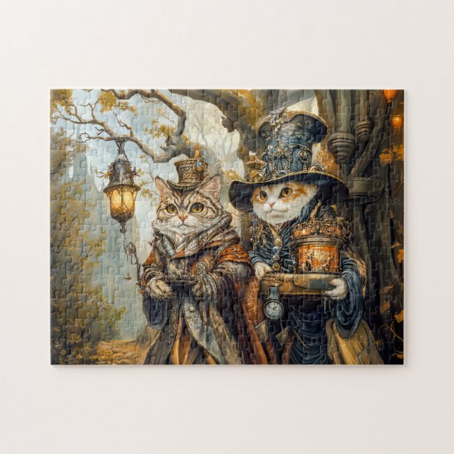 Två Magic Cats i en Steampunk Fantasy Scene Pussel (Horisontell)