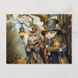 Två Magic Cats i en Steampunk Fantasy Scene Vykort