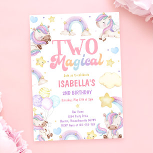Två Magic Rainbow Unicorn 2:a födelsedagen Party Inbjudningar